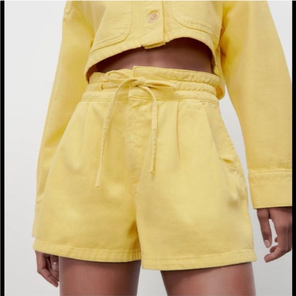 Zara mustard paper bag denim shorts